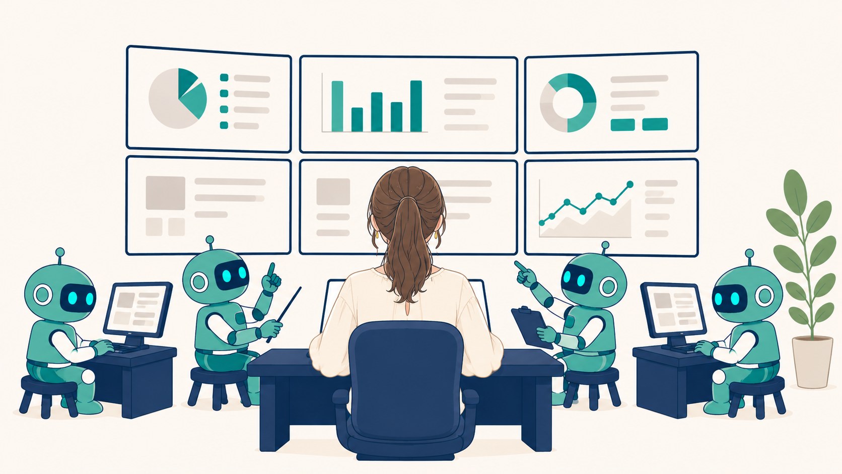 社長の後ろ姿と、それぞれのデスクで作業するAIのスタッフ
